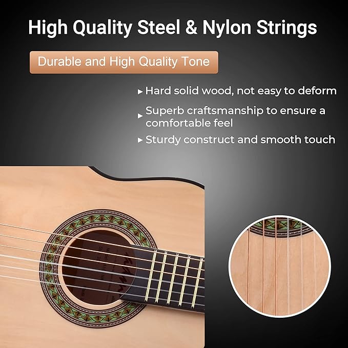 ADM Beginner Acoustic Classical Guitar 30 Inch Nylon Strings Wooden Guitar Bundle Kit for Kid Boy Girl Student Youth Guitarra Online Lessons with Gig Bag, Strap, Tuner, Extra String, Pick,Natural-CubbioJoy
