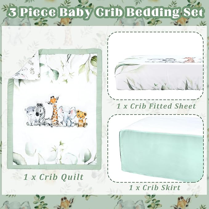3 Pcs Baby Crib Bedding Set Safari Animals Dinosaurs Bear Woodland Animals Jungle Crib Set Includes Quilt, Fitted Sheet, Skirt for Baby Boy Girl(Light Blue,Safari)-CubbioJoy