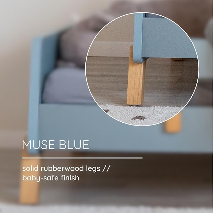 dadada Muse Blue Toddler Bed with 2 Removable Safety Rails. Low Profile Montessori Bed. Sturdy Solid Wood Frame, Fits Standard Crib Mattress, Easy to Assemble, Toddler Bed for Boys & Girls - Blue-CubbioJoy