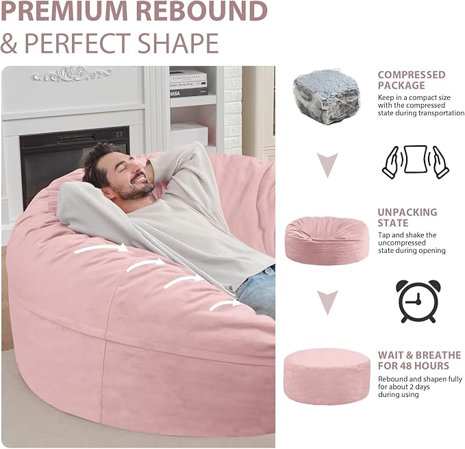 6FT Bean Bag Chair, Large Bean Bag Chairs with Memory Foam Filled, Fluffy Beanbag Sofa with Dutch Velvet Cover, Round BeanBag Chairs for Living Room, Playroom- Light Pink-CubbioJoy