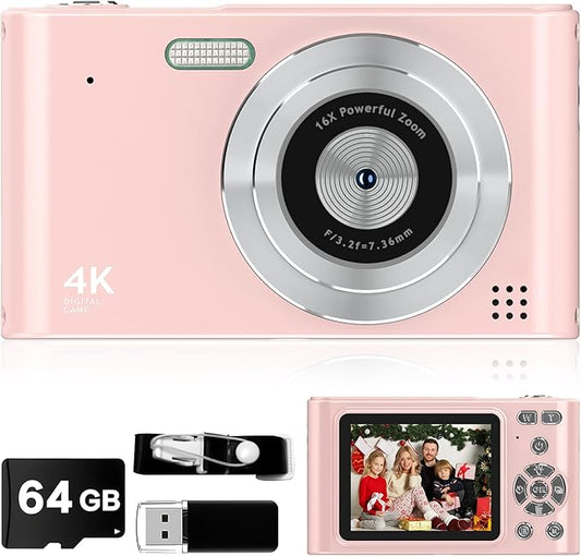 Digital Kids Camera 1080P Vlog Camera with 64GB, Lanyard, 16X Zoom Anti Shake, Card Reader 44MP Compact Portable Point Shoot Digicam for Kid Teen Girl Boy Christmas Halloween Thanksgiving(Pink)-CubbioJoy