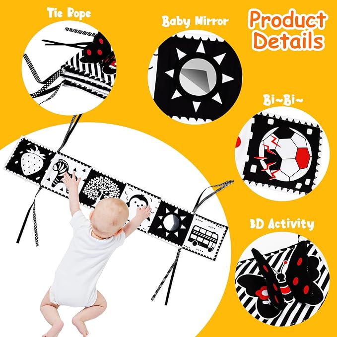 4 PCS Black and White High Contrast Baby Toys 0-3-6 Months Newborn Essential Montessori Toy for Babies Crinkle Sensory Book Brain Development Tummy Time Mirror Infant Carseat Rattle Easter Shower Gift-CubbioJoy