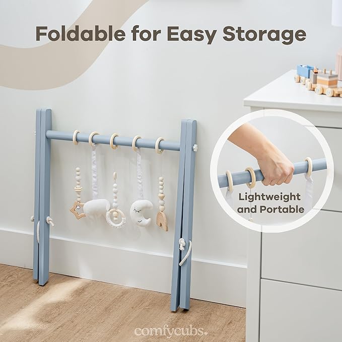 Comfy Cubs Wooden Baby Play Gym - Natural Finish Pinewood Baby Activity Gym with 5 Sensory Hanging Toys - Easy No-Tool Assembly, Safe and Durable for Infant Motor and Visual Development - Pacific Blue-CubbioJoy