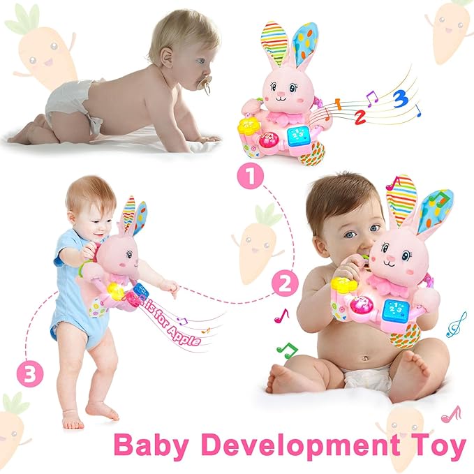 Baby Rabbit Musical Stuffed Animals Toy,Infant Bunny Bilingual Early Learning Education Toy with Light-Up Music & Crinkle,1st Easter Basket Shower Stuffers for 0 1 2 3 6 9 12 18 Month Girl,Pink-CubbioJoy