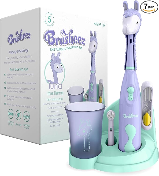 Brusheez Kids’ Electric Toothbrush Set - Safe & Effective for Ages 3+ - Parent Tested & Approved with Gentle Bristles, 2 Brush Heads, Rinse Cup, 2-Minute Timer, & Storage Base (Luna The Llama)-CubbioJoy