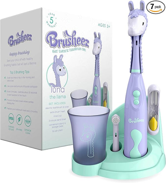 Brusheez Kids’ Electric Toothbrush Set - Safe & Effective for Ages 3+ - Parent Tested & Approved with Gentle Bristles, 2 Brush Heads, Rinse Cup, 2-Minute Timer, & Storage Base (Luna The Llama)-CubbioJoy