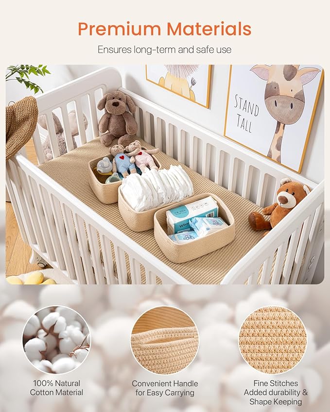 KALLAX Small Woven Basket, 12 x 8 x 4.5 Inches, Storage Basket for Organizing, Cute Small Rope Shelf Closet Cube Storage Bins Baskets for Shelves, Dog Toy Gift Baskets Empty, 3 Packs, Beige-CubbioJoy