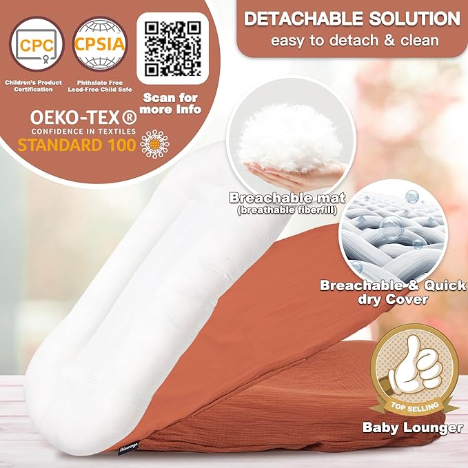 Baby Lounger - Snuggle Cozy Me Infant Lounger for Newborns | Breathable & Soft, Portable Awake-Time Pad, Essential Baby Gift- Orange (Lounger Cover Included)-CubbioJoy