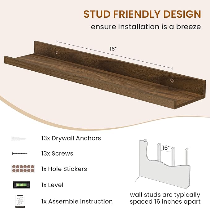 Axeman Picture Ledge Shelf, Floating Shelves for Wall Decor Storage Set of 6, 24 inch Floating Wall Mounted Shelves, Wall Shelves with Lip for Living Room, Bedroom, Nursery, Bathroom, Kitchen, Walnut-CubbioJoy
