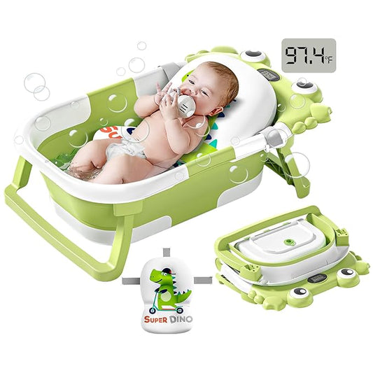 Collapsible Baby Bathtub for Newborns to Toddler with Real-time Temp Monitor & Floating Cushion,Portable Travel Tub for 0-36 Month, Foldable Baby Bath Tub for Infants(Green)-CubbioJoy