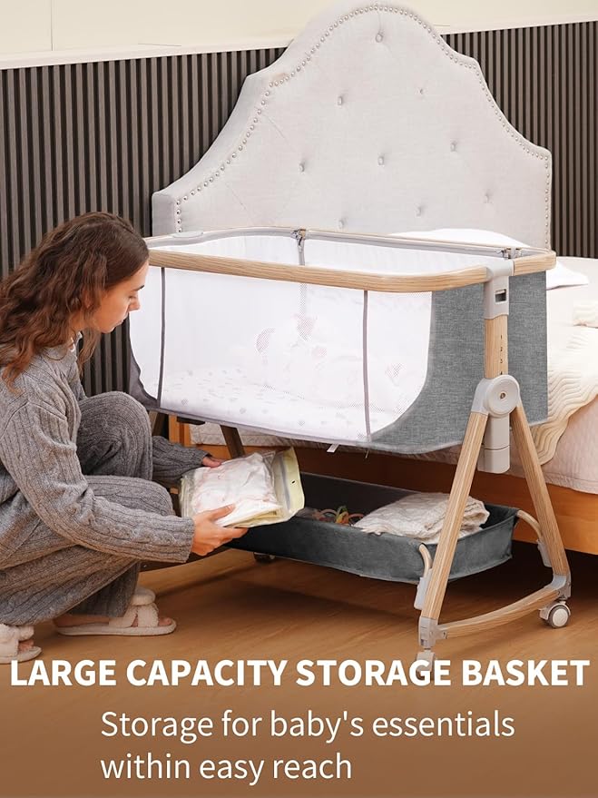 Baby Bassinet Bedside Sleeper - 3 in 1 Bassinets with Waterproof Sheets, Soft Mattress and Breathable Mesh, Adjustable Height Bedside Bassinet for Baby with Wheels, Storage Basket, Gray-CubbioJoy