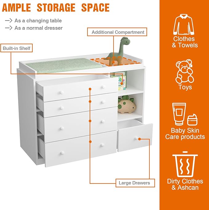 Changing Table Dresser, Baby Classic Nursery Dresser with 5 Drawers and 2 Shelves, Multi-Functional Baby Changing Table, Diaper Changing Station for Children's Room, White-CubbioJoy