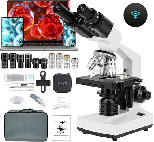 Binocular Compound Microscope, 40X-5000X Magnification, Wide-Angle Eyepiece WF10X WF25X, LED Light Source, XY axis Double-Layer Stage, Adult Microscope (Supports WiFi Wireless Connection)-CubbioJoy