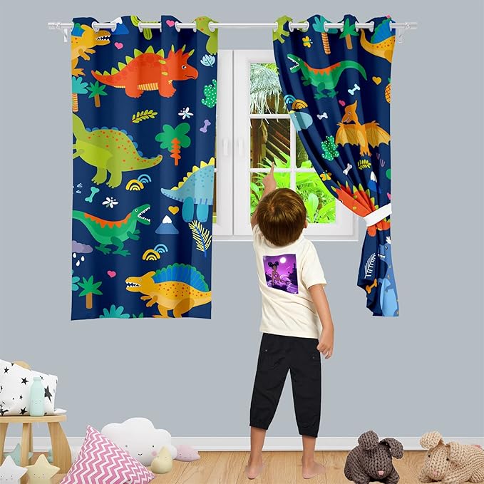 Dinosaur Blackout Curtains 2 Panels 63" Inch Drapes Boys Curtains for Bedroom Cute Dinosaur Themed Grommet Top Thermal Insulated Boys Room Curtains for Nursery, Navy Blue, 82" x 63"-CubbioJoy