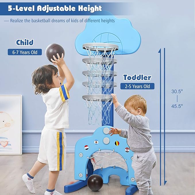 Costzon Kids Basketball Hoop, Toddler Sports Activity Center w/ 5 Adjustable Height Levels, Basketball Soccer Golf Game Set, Indoor Outdoor Basketball Hoop Set Gift for Baby Infant-CubbioJoy