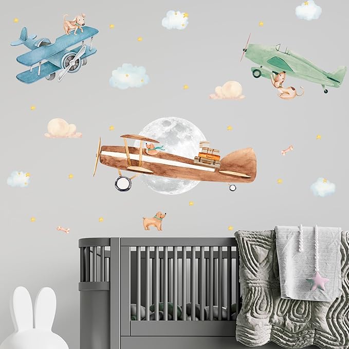 Airplane Wall Decals by Lipastick - Wall Decals for Boys Bedroom, Watercolor Vintage Plane Stickers for Kids, Boys Room, Baby Nursery, Toddler Decor - Premium Vinyl Aircraft Art-CubbioJoy