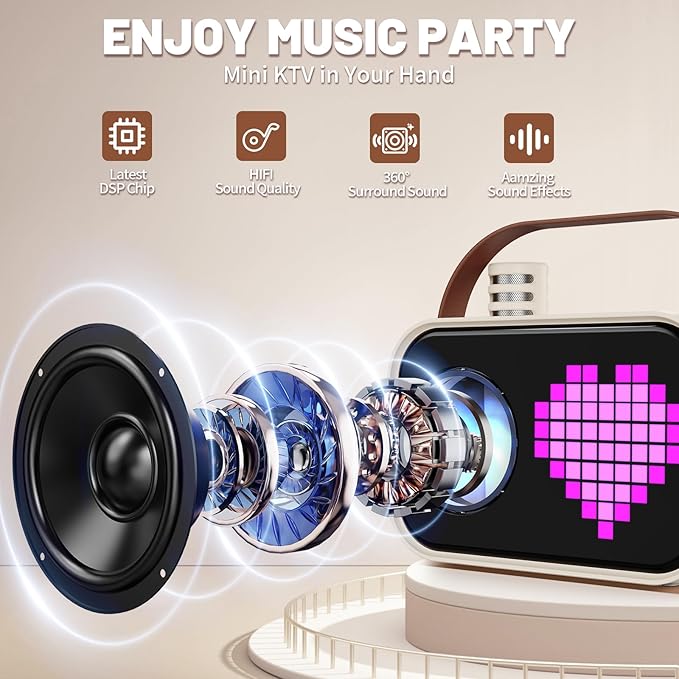 Karaoke Machine for Kids Adults, Portable Bluetooth Karaoke Speaker with 2 Wireless Microphones, Pixel Display Light, Birthday Gifts Toys for Girls & Boys Ages 3, 4, 5, 6, 7, 8, 9,10,11,12+ Years-CubbioJoy
