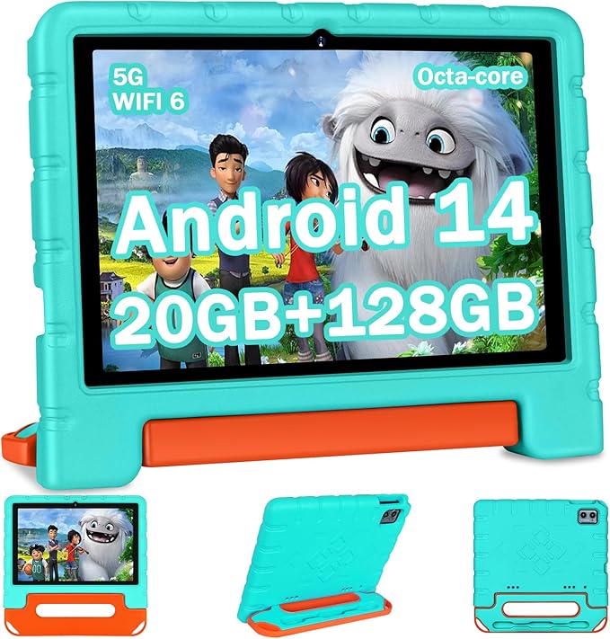 2025 Kids Tablet 10 inch Android 14 Tablets for Kid Octa-Core, 20GB+128GB (TF 1TB), Toddler Tablet with Shockproof Case, 2.4G+5G WiFi 6, Parental Control, Face Unlocked, Split Screen, BT5.0 (Green)-CubbioJoy