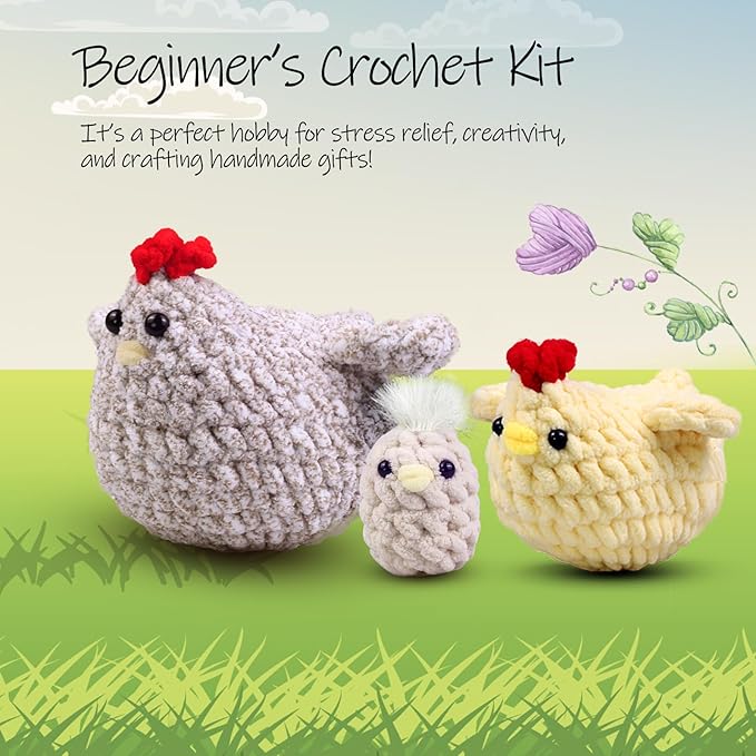 Crochet Kit for Beginners,Chicken Crochet Starter Kit with Step-by-Step Video Tutorials,Crochet Animal Kits for Adults Kids,Chicken Crocheting Set Complete Included-CubbioJoy