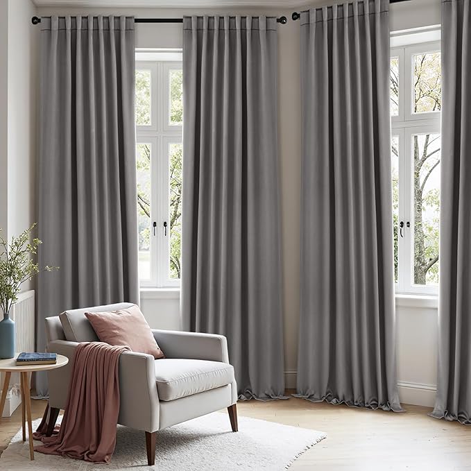 ANRODUO Back Tab Blackout Curtains for Bedroom Living Room, Rod Pocket Pinch Pleated Thermal Insulated Room Darkening Curtains 90 Inches Long 2 Panels, Grey, 52 x 90 Inch-CubbioJoy