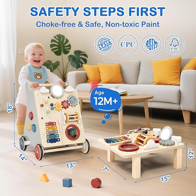Baby Push Walker with Detachable Busy Board, Wooden Baby Walker with Adjustable Speed Wheels, Montessori Push Walker for Babies, Push Walking Toys for Boys & Girls 1 Year Old, Gifts for Toddler-CubbioJoy