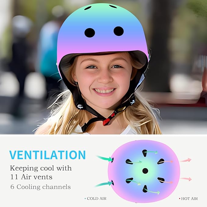 Adjustable Kids Bike Helmet with Knee & Elbow Pads Set, Color Gradient Design for Boys and Girls Aged 3-14+, for Skateboarding, Scooter, Roller & Inline Skating, Longboard-CubbioJoy