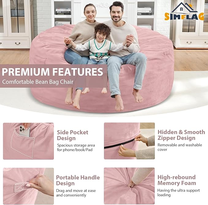 6FT Bean Bag Chair, Large Bean Bag Chairs with Memory Foam Filled, Fluffy Beanbag Sofa with Dutch Velvet Cover, Round BeanBag Chairs for Living Room, Playroom- Light Pink-CubbioJoy