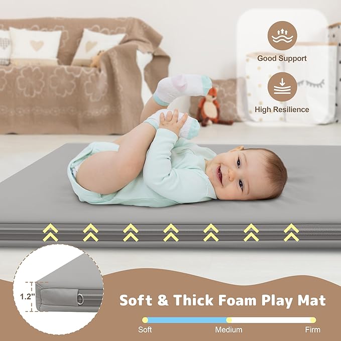 Baby Play Mat 47x47 Inches, Extra Thick 1.2" Foam Floor Mat for Tummy Time & Crawling, Waterproof Non-Slip Faux Leather Playpen Mat for Infants Toddlers, Indoor Outdoor Gym Activity, Gray-CubbioJoy