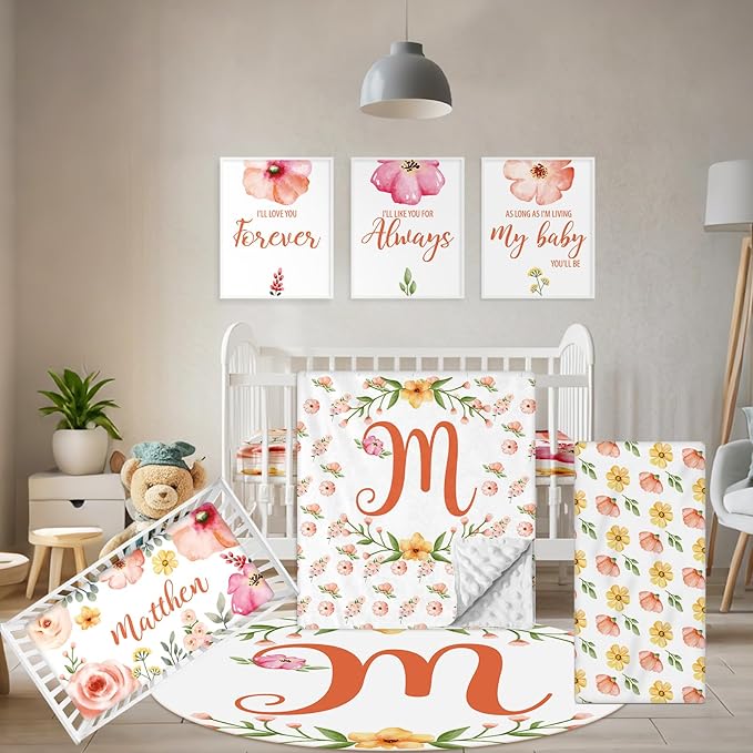 Custom Baby Bedding Set - 5 Pcs Customized Nursery Bedding Set with Name - Comfortable Double Layer Crib Sets for Girls Boys - Personalized Gifts for Toddler Infant New Parents - Orange Flowers-CubbioJoy