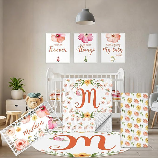 Custom Baby Bedding Set - 5 Pcs Customized Nursery Bedding Set with Name - Comfortable Double Layer Crib Sets for Girls Boys - Personalized Gifts for Toddler Infant New Parents - Orange Flowers-CubbioJoy