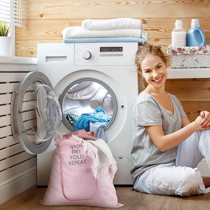 2 Pcs Travel Laundry Bag Washable Dirty Clothes Bag with Drawstring and Zipper for Suitcase, 22 x 18 Inch (Pink,Classic)-CubbioJoy