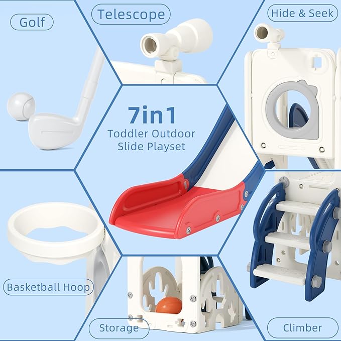 67i Toddler Slide for Kids - Foldable Indoor/Outdoor Plastic Slide with Basketball Hoop, Anti-Slip Steps, Safe & Durable Playground Equipment for 1-3 Years (Red Blue)-CubbioJoy