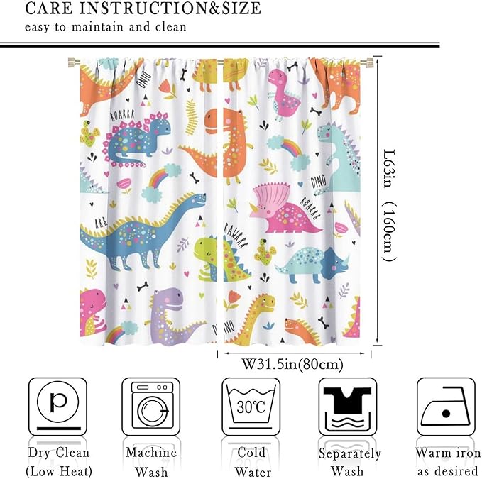 Cartoon Dinosaur Curtains for Kids Boys Girls Home Decor Childish Cute Dino Animals Print Pattern Rod Pocket Blackout Window Drapes for Nursery Baby Bedroom Playroom W31.5xL63in 2 Panels-CubbioJoy