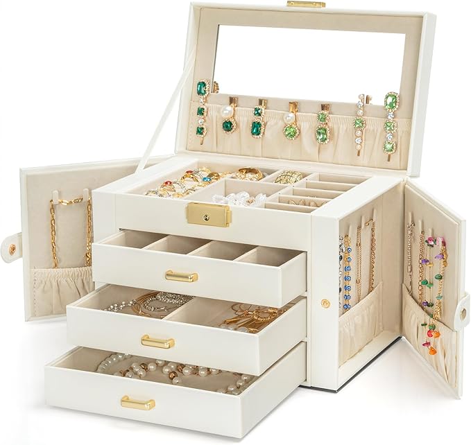 AKOZLIN Large 4-Tier Jewelry Box Leather Jewelry Storage Organizer with 3 Drawers Lockable for Women Girls Ring Necklace Earring Bracelet Watches Holder with Mirror White-CubbioJoy