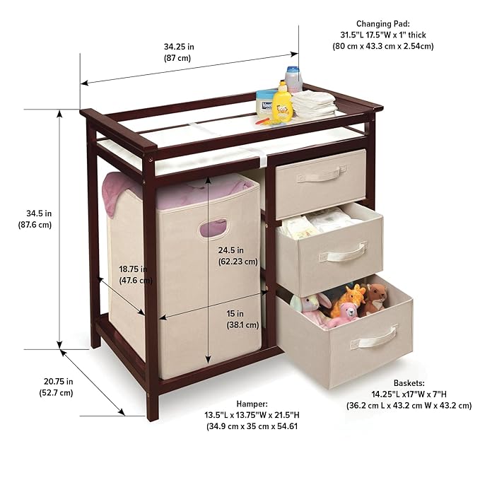 Badger Basket Modern Baby Changing Table with Laundry Hamper, 3 Storage Drawers and Pad, Diaper Change Station - Cherry/Ecru-CubbioJoy