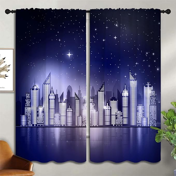 City Rod Pocket Blackout Curtains for Boy Girl Bedroom, New York Skyline Modern City Starry Sky Night View Thermal Insulated Home Window Drapes for Living Room Darkening, 55x63 inch-CubbioJoy