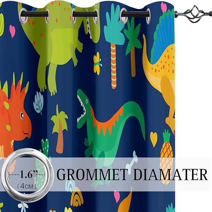 Dinosaur Blackout Curtains 2 Panels 63" Inch Drapes Boys Curtains for Bedroom Cute Dinosaur Themed Grommet Top Thermal Insulated Boys Room Curtains for Nursery, Navy Blue, 82" x 63"-CubbioJoy