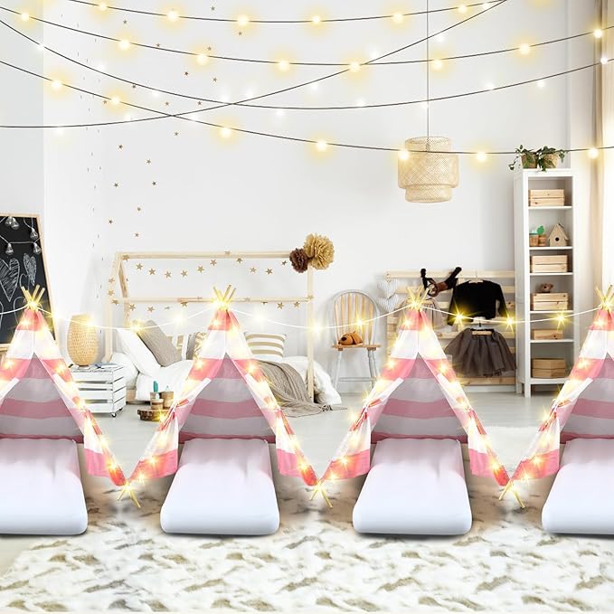 6 Pack Sleepovers Teepee Tent for Kids Bulk with Mattress Sheet Light,Natural Cotton Washable Indoor Play Tent for Birthday Slumber Party Girls Boys Pajama Movie Night Supplies(Pink, White)-CubbioJoy