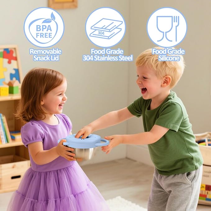 BUSOHA 2 Pack Stainless Steel Toddler Snack Cups - 9 OZ Spill-Proof Baby Snack Containers with Silicone Catcher and Lid Travel Snack Containers for Kids Food Grade Silicone Dishwasher Safe-CubbioJoy