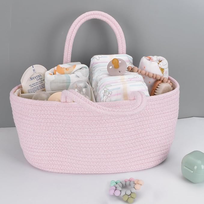 Baby Diaper Caddy Organizer for Girl Boy Rope Nursery Storage Bin Basket Portable Holder Tote Bag for Changing Table Car Travel Baby Shower Gifts Newborn Essentials Registry Must Have Items Pink-CubbioJoy
