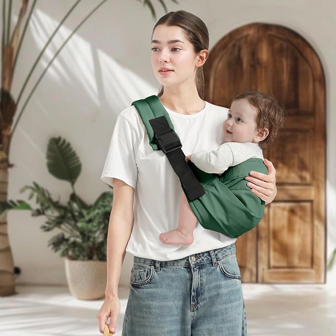 Baby Sling Carrier, Toddler Carrier Sling with Double Safety Buckle and Adjustable Shoulder Strap(7-30lbs), Baby Carriers One Size Fits All, Dark Green-CubbioJoy