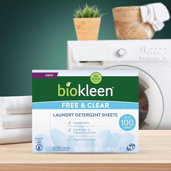Biokleen Laundry Detergent Sheets - Dye & Fragrance Free, Hypoallergenic, Enzymatic Cleaner, Stain Remover, Bio Active Formula, No Plastic Jug, Unscented, 100 Loads-CubbioJoy