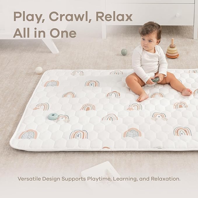 Comfy Cubs Rectangle Kids Play Mat - Small 36 x 60 inches Soft Quilted Baby Floor Mat with Non-Slip Bottom - Plush Design for Toddlers' Playtime and Relaxation - Comfortable and Durable - Rainbow-CubbioJoy