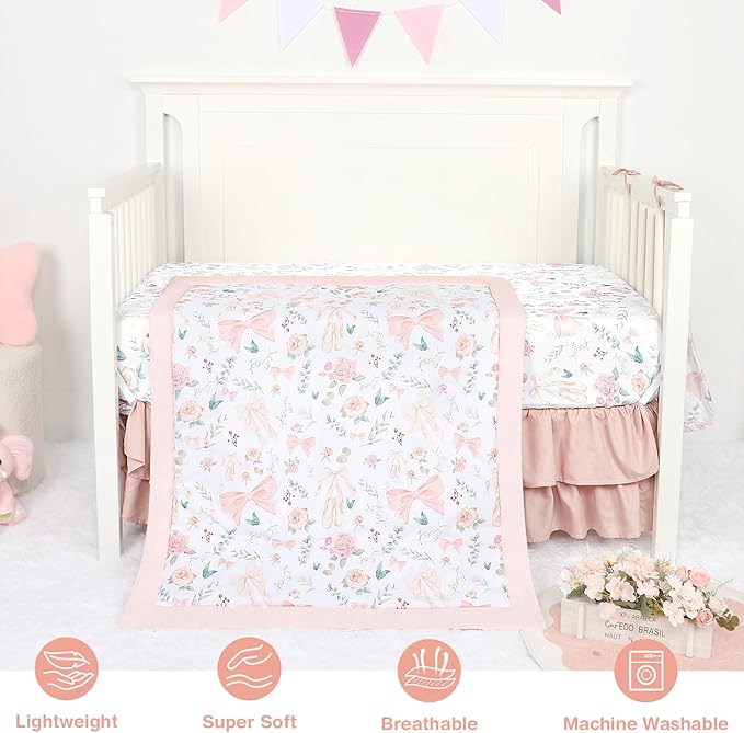 GFU Crib Bedding Set for Girls 4-Piece, Bow Baby Girl Crib Bedding Set Pink Flowes, Nursery Sets Includes Comforter, Fitted Crib Sheet, Crib Skirt, and Diaper Stacker-CubbioJoy