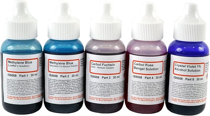 ALDON Innovating Science Bacteria Stain Set - 5 Microscope Slide Stains in 30mL Dropper Bottles: Methylene Blue (2), Carbol Fuchsin, Carbol Rose Bengal, Crystal Violate-CubbioJoy