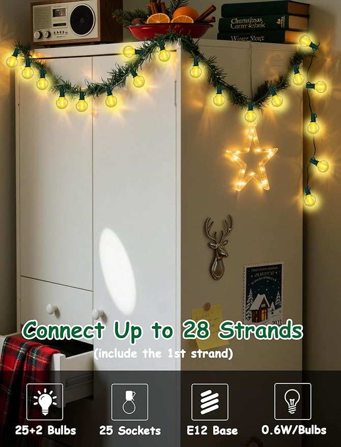 25FT LED Outdoor Christmas String Lights Waterproof, Hanging G40 Globe Patio Lights with 27 LED Shatterproof Warm White Bulbs, Outdoor Christmas Decorations Light for Wedding Party Backyard, Green-CubbioJoy