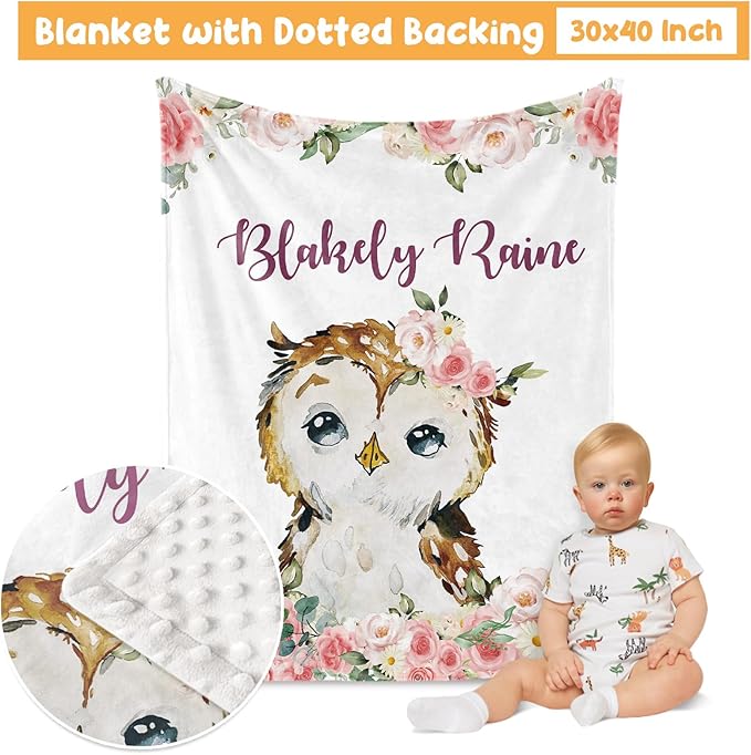 Custom Crib Bedding Set - Owl Design Personalized Name Baby Nursery Bed 3 Pcs Set - Chic Soft Blanket with Dotted Backing, Sheet, Pillowcase for Newborn Girls Boys Gifts Color22-CubbioJoy
