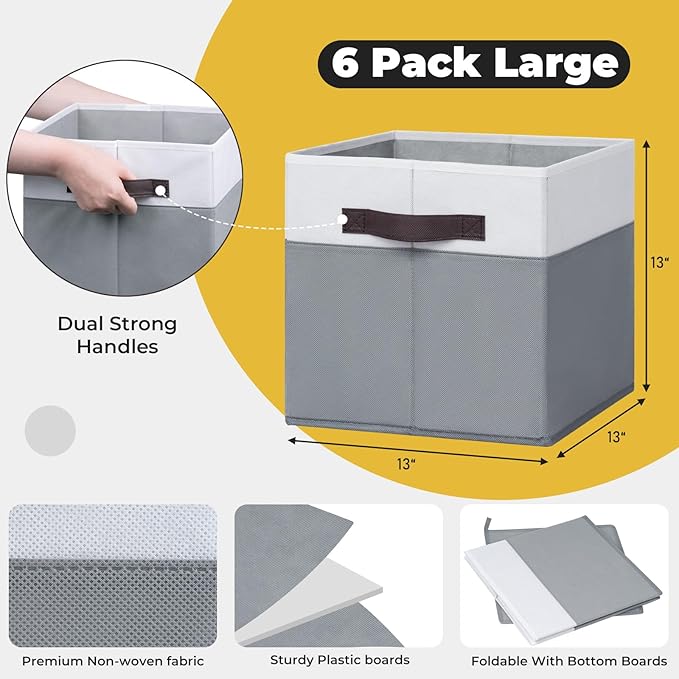 Criusia Large Storage Cubes -6 Set Closet Organizers Bins for Clothes -13 inch Fabric Storage Baskets for Shelves, Cube Organizer/ Toy Storage Organizer/ Dorm Room Essentials/ House warming Gift-CubbioJoy