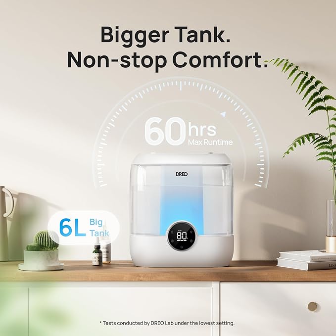Dreo Smart Humidifiers for Bedroom, 6L Top Fill Supersized Cool Mist Humidifier for Large Room, 60 Hour Runtime, Quiet Ultrasonic Humidifiers for Plants, Baby, Indoor, Home, Night Light, White-CubbioJoy
