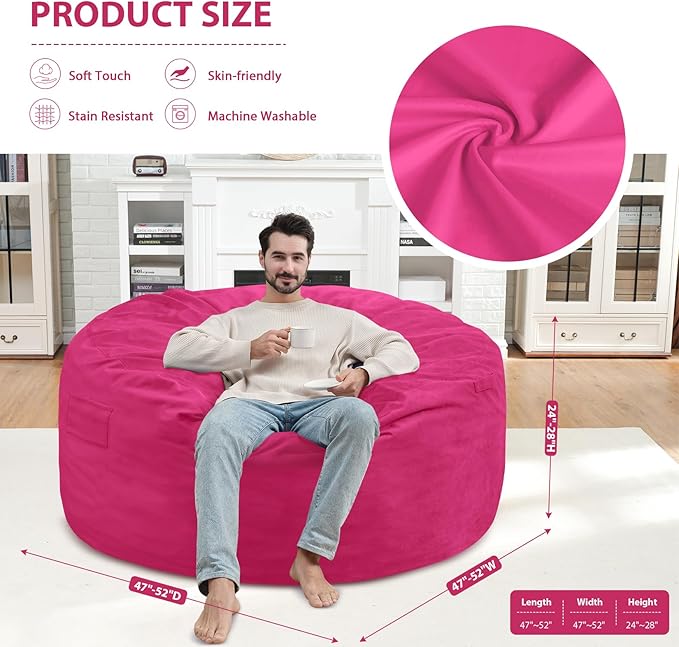5FT Bean Bag Chair, Large Bean Bag Chairs with Memory Foam Filled, Fluffy Beanbag Sofa with Dutch Velvet Cover, Round BeanBag Chairs for Living Room, Playroom - Pink-CubbioJoy